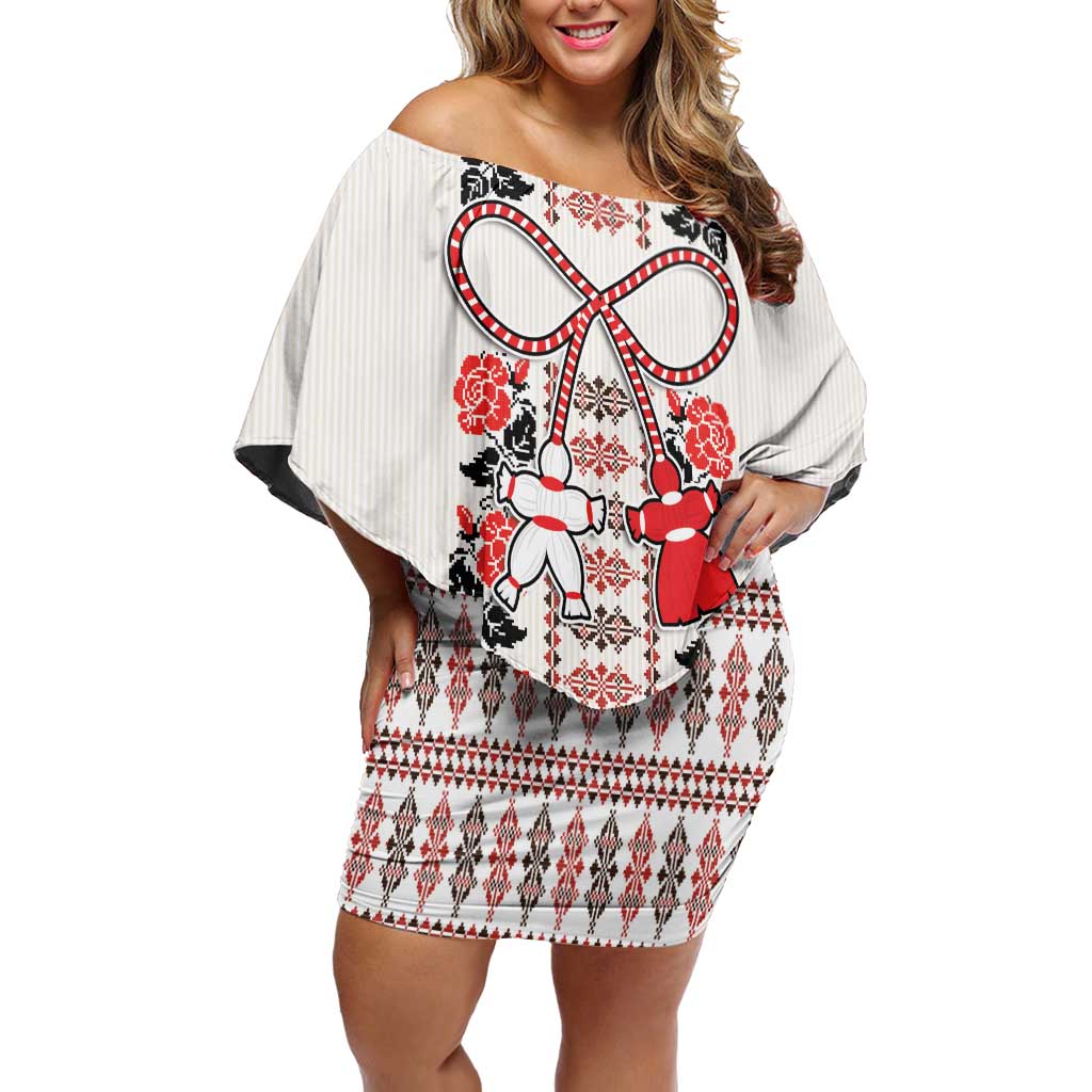 Romanian Traditional Pattern with Martenitsa Off Shoulder Short Dress Happy Martisor Day 1 March