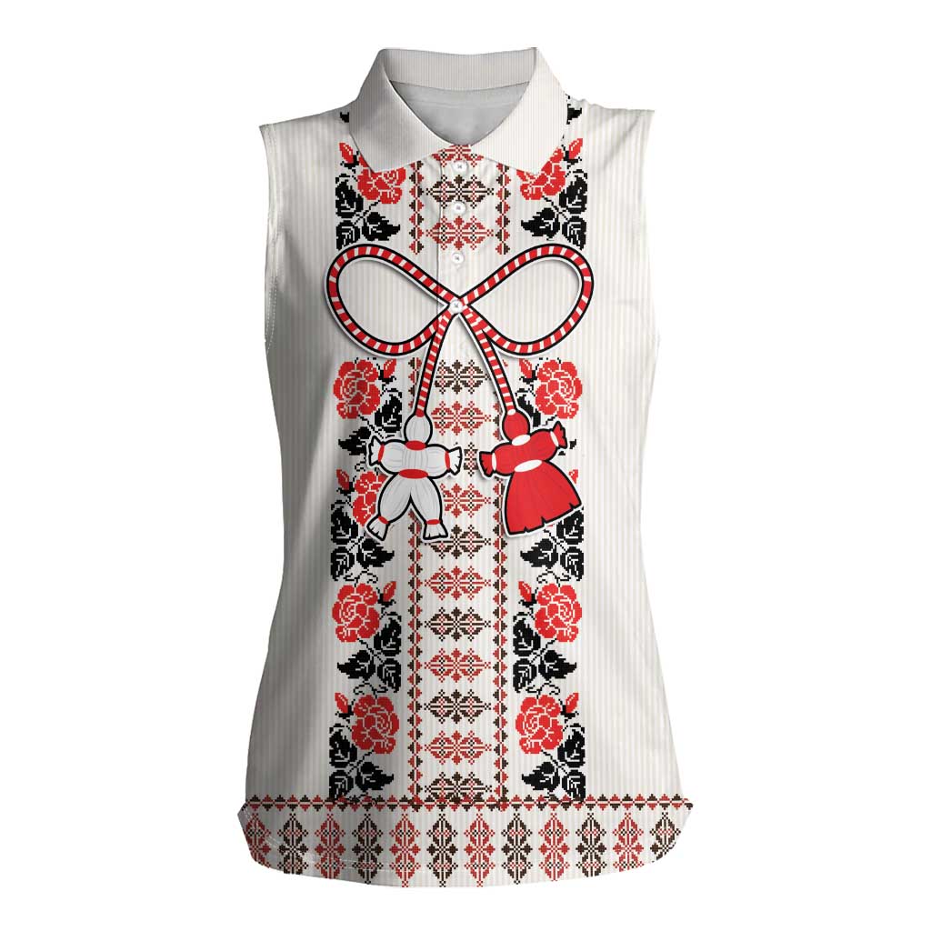 Romanian Traditional Pattern with Martenitsa Women Sleeveless Polo Shirt Happy Martisor Day 1 March