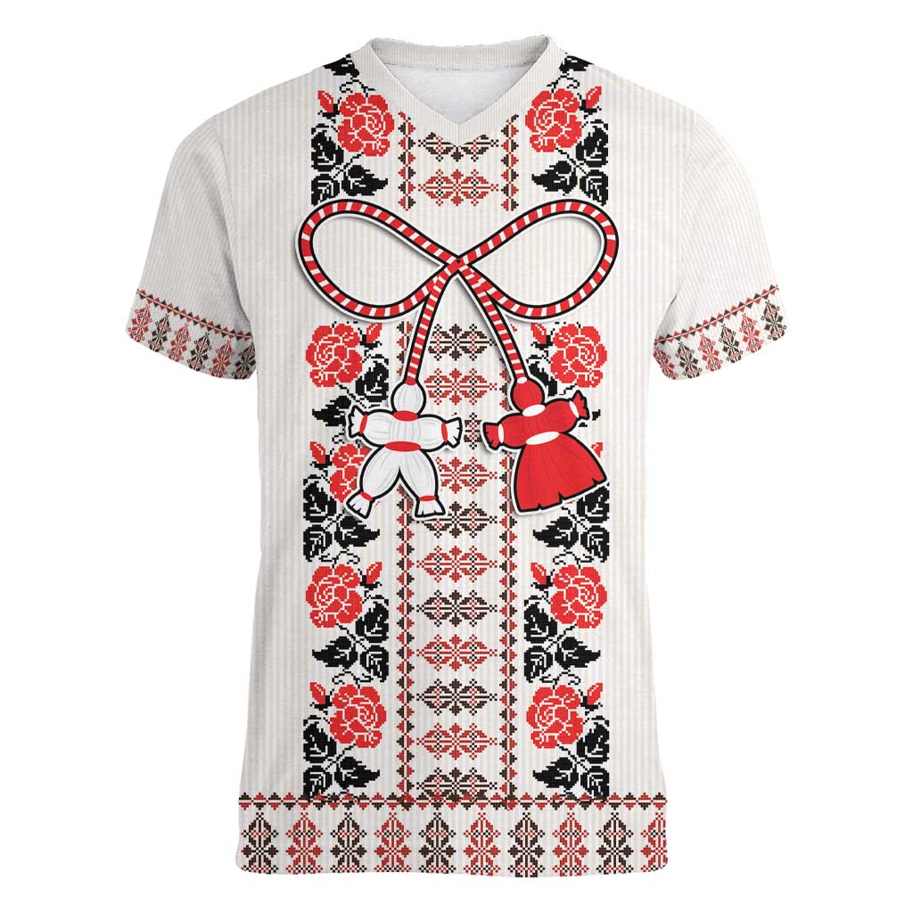 Romanian Traditional Pattern with Martenitsa Women V-Neck T-Shirt Happy Martisor Day 1 March