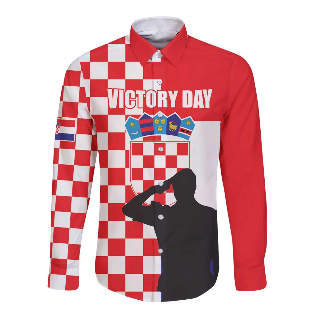 Red long-sleeve button shirt with checkered sleeves and Victory Day front graphic