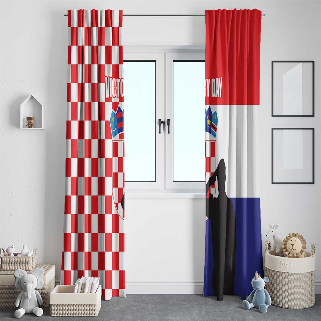 Living room window curtains: red-white checkered panel and red-white-blue panel with crest