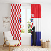 Set of Croatia themed curtains with checkered panel and flag panel in red, white, and blue