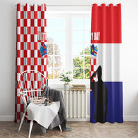 Window curtain pair with top heading rings, checkered red-white panel and flag-themed panel