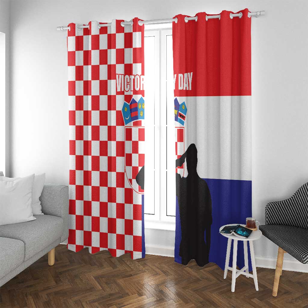 Front view of two curtains: red-white checkered panel and red-white-blue panel with emblem