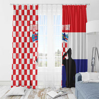 Two Croatia style curtains hanging side by side, checkered red-white left and red-white-blue right
