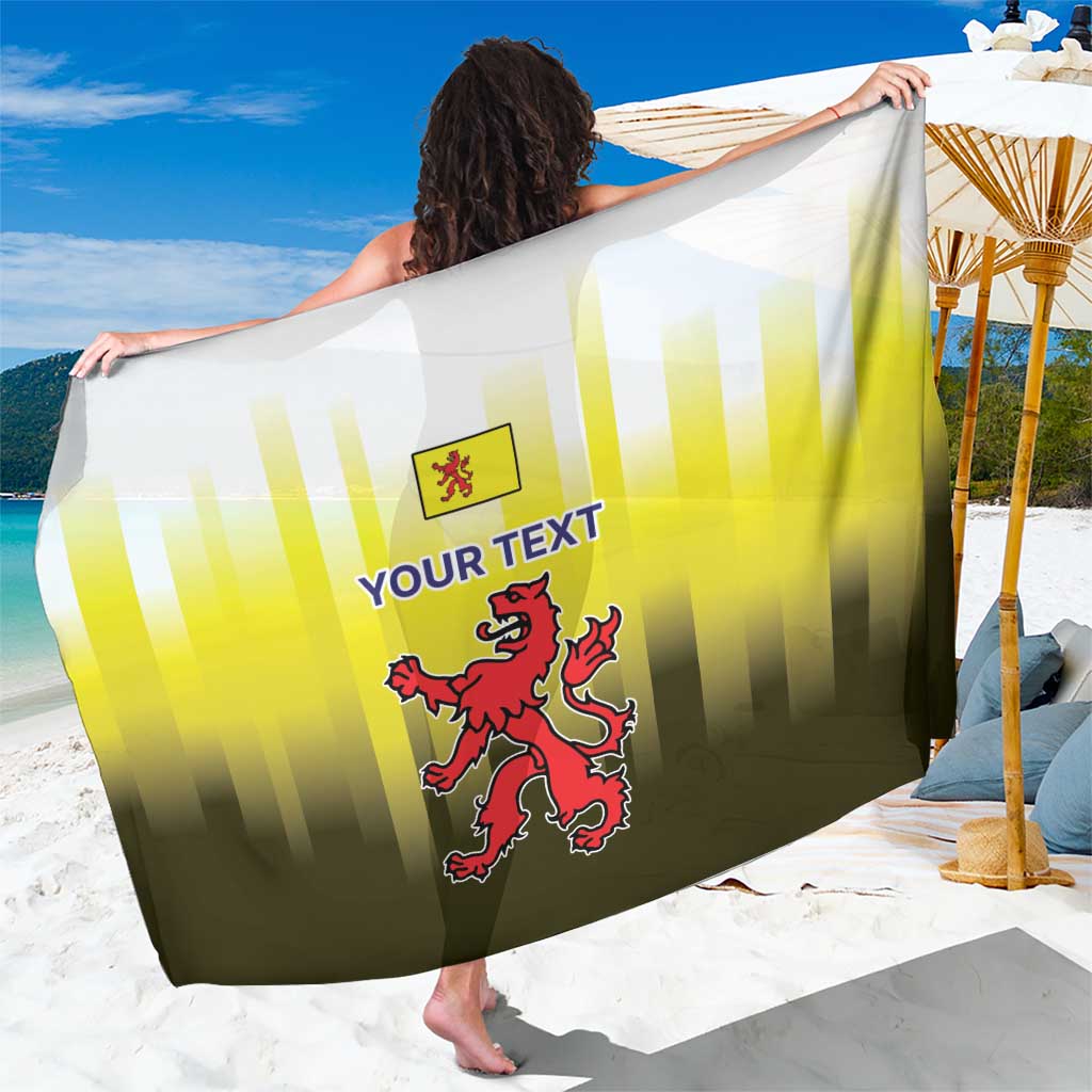 Flag-style sarong with yellow stripes, green field, red lion crest and 'YOUR TEXT'