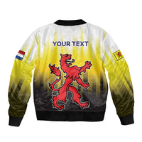 Zip bomber jacket with 'YOUR TEXT' and red lion crest, yellow/black, sleeve flag patch