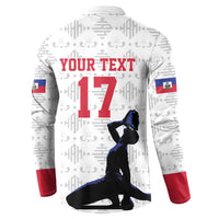 White football button sweatshirt back with customizable text 'YOUR TEXT', number 17, flag sleeve patches