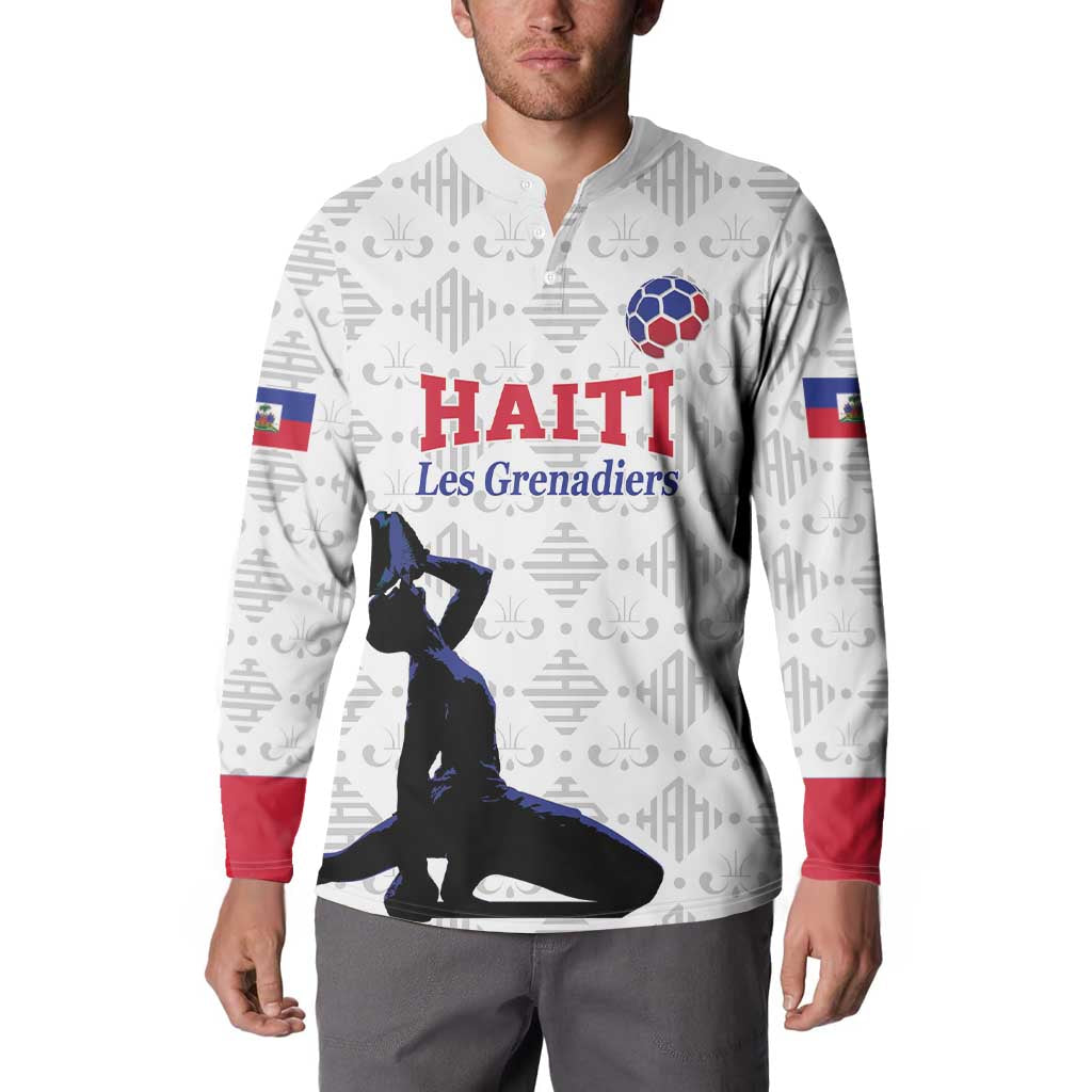 White Haiti football button sweatshirt on model: red 'HAITI' print, ball icon, and player silhouette