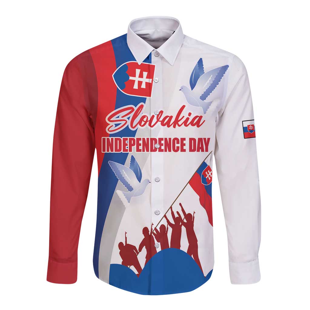Long-sleeve button shirt, white with red/blue Slovakia graphic and text