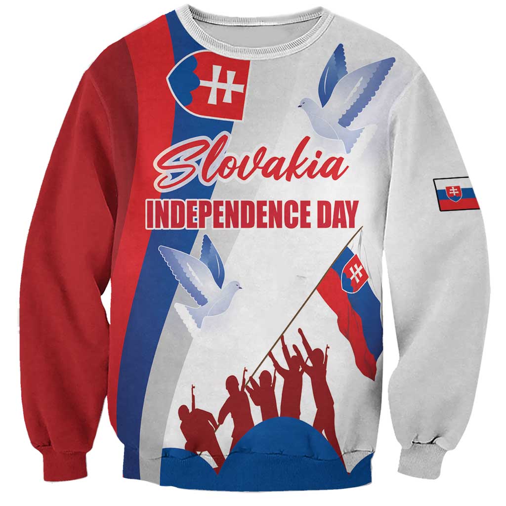 Unisex graphic sweatshirt in white with red/blue flag print and Independence Day text