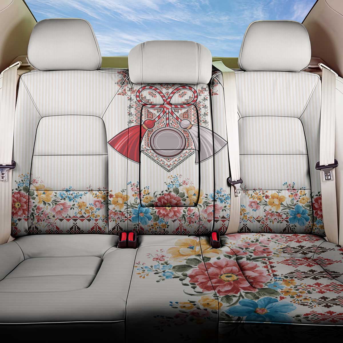 Romania Happy Martisor Day 1 March Back Car Seat Cover Martenitsa and Peony Romanian Traditional Pattern