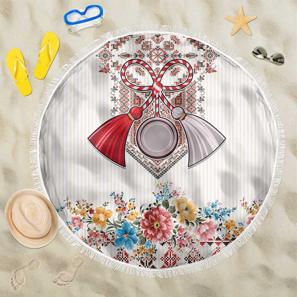 Romania Happy Martisor Day 1 March Beach Blanket Martenitsa and Peony Romanian Traditional Pattern