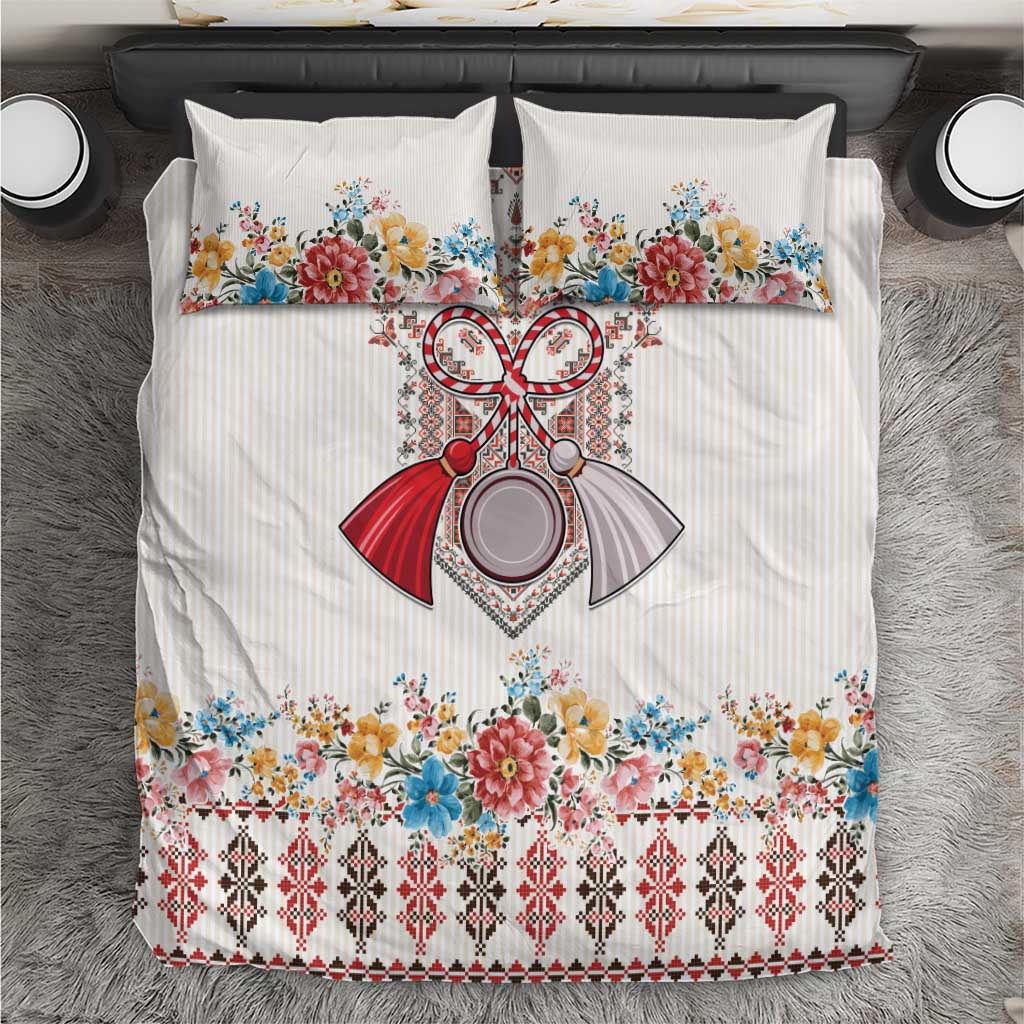 Romania Happy Martisor Day 1 March Bedding Set Martenitsa and Peony Romanian Traditional Pattern