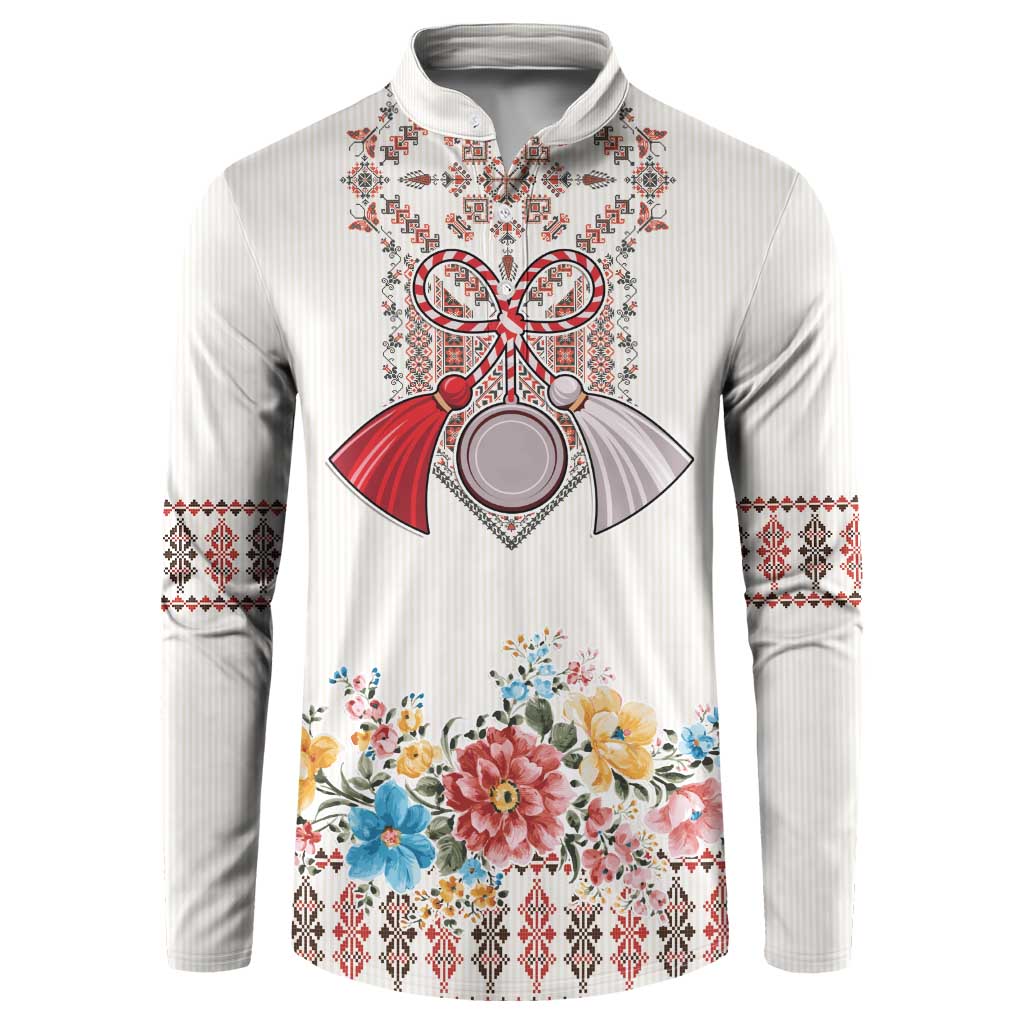 Romania Happy Martisor Day 1 March Button Sweatshirt Martenitsa and Peony Romanian Traditional Pattern