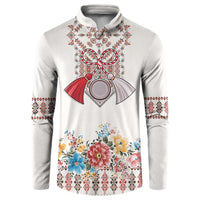 Light gray button sweatshirt with red, blue floral Romanian-style border print