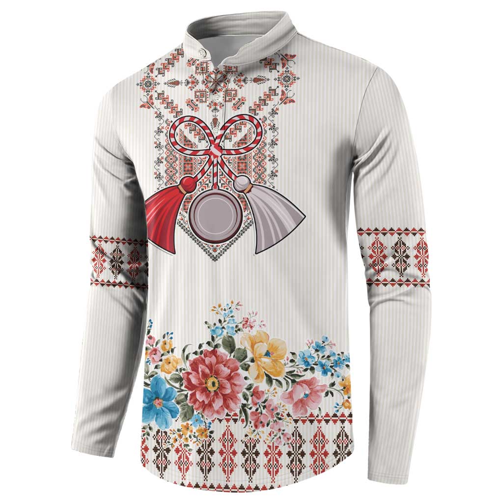 Light gray button sweatshirt with central red ribbon motif and floral hem print