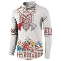 Light gray button sweatshirt with central red ribbon motif and floral hem print