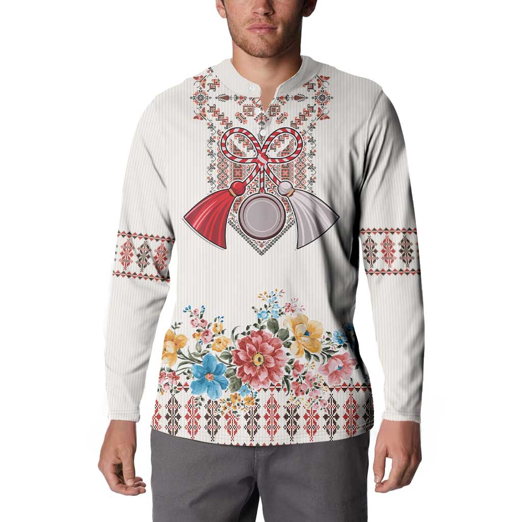 Light gray button sweatshirt with long sleeves, traditional red ornament and flower print