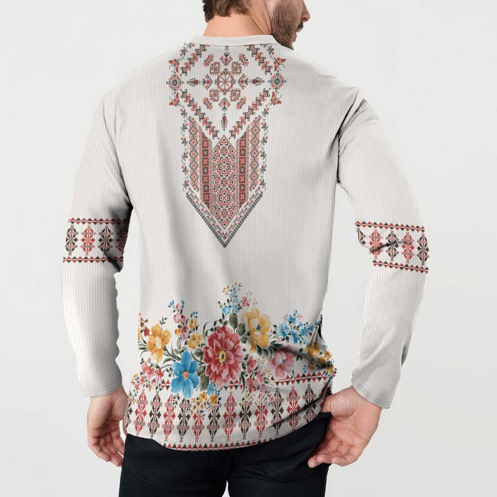 Light gray button sweatshirt back with red geometric heart and floral lower band