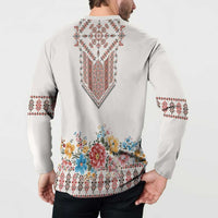 Light gray button sweatshirt back with red geometric heart and floral lower band