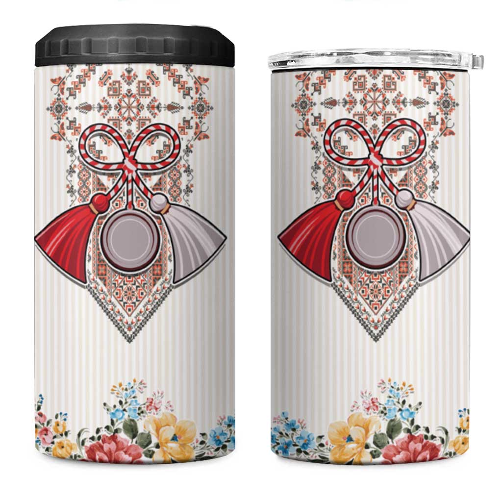 Romania Happy Martisor Day 1 March 4 in 1 Can Cooler Tumbler Romanian Traditional Pattern with Martenitsa and Peony