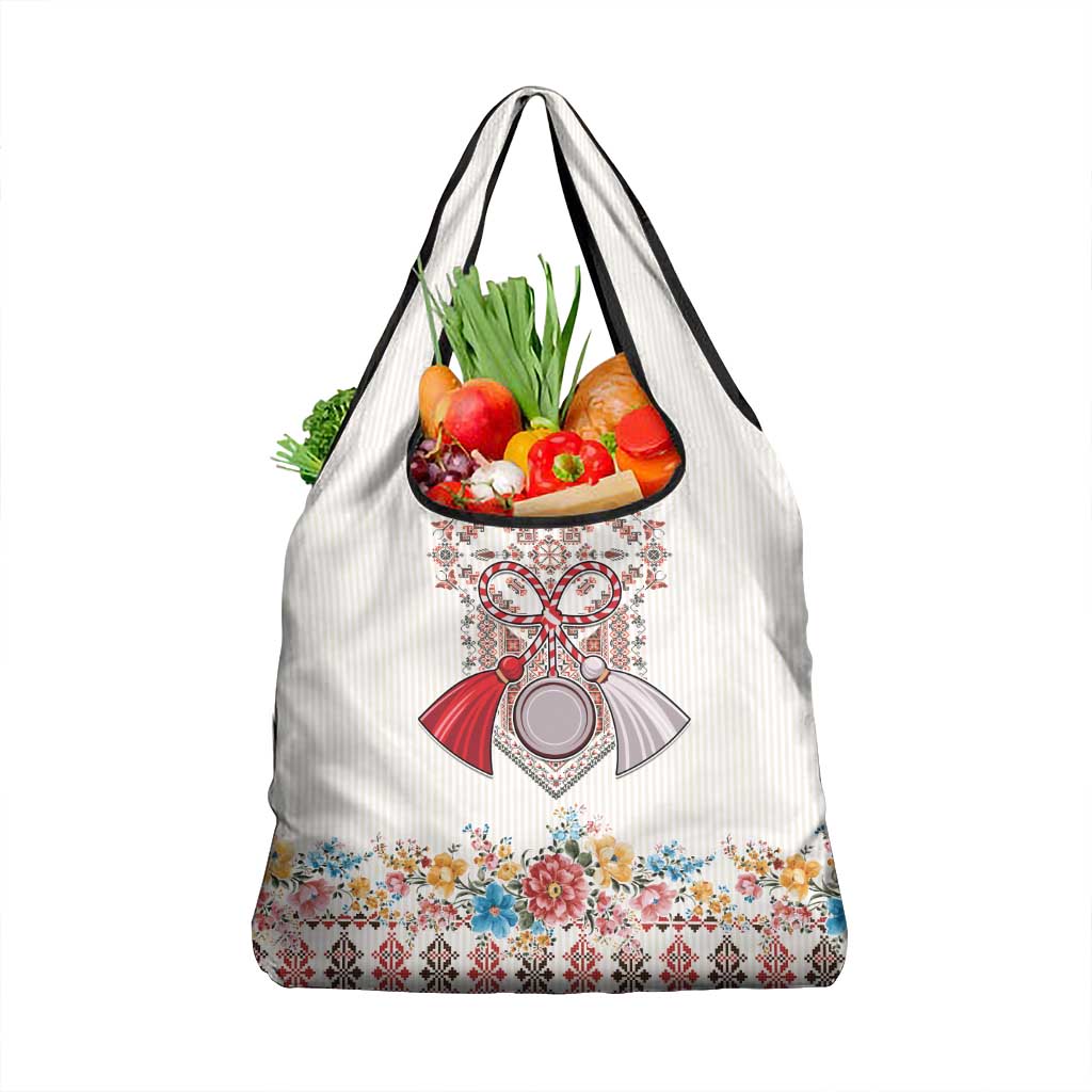 Romania Happy Martisor Day 1 March Grocery Bag Martenitsa and Peony Romanian Traditional Pattern