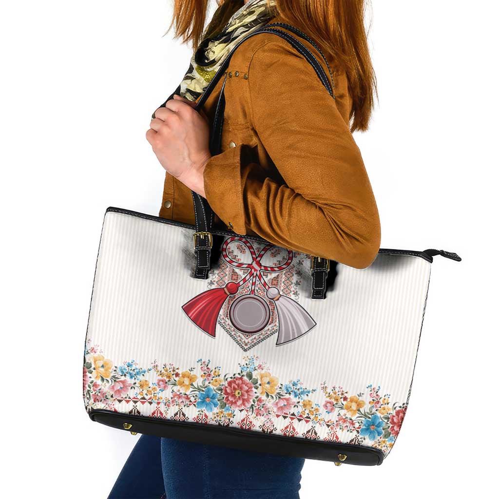 Romania Happy Martisor Day 1 March Leather Tote Bag Martenitsa and Peony Romanian Traditional Pattern