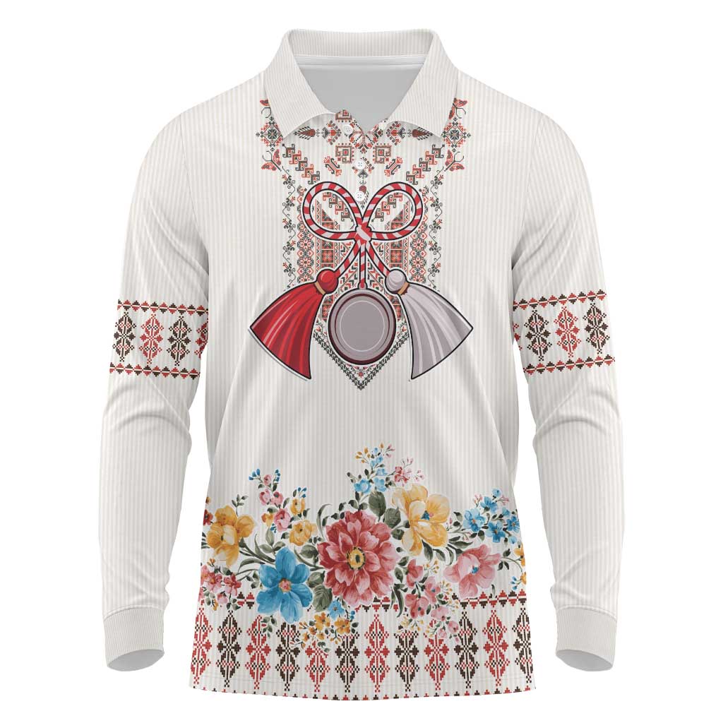 Romania Happy Martisor Day 1 March Long Sleeve Polo Shirt Martenitsa and Peony Romanian Traditional Pattern