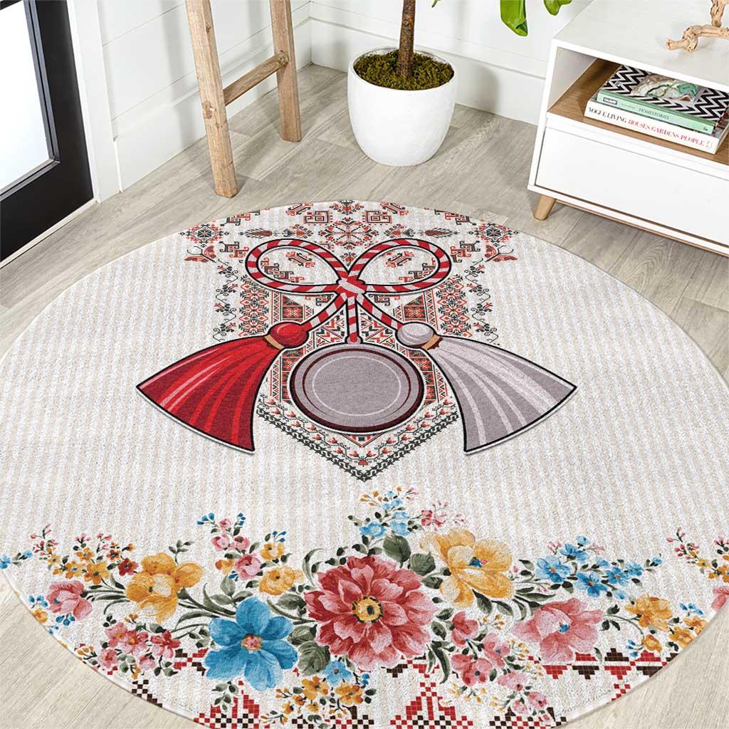 Romania Happy Martisor Day 1 March Round Carpet Martenitsa and Peony Romanian Traditional Pattern