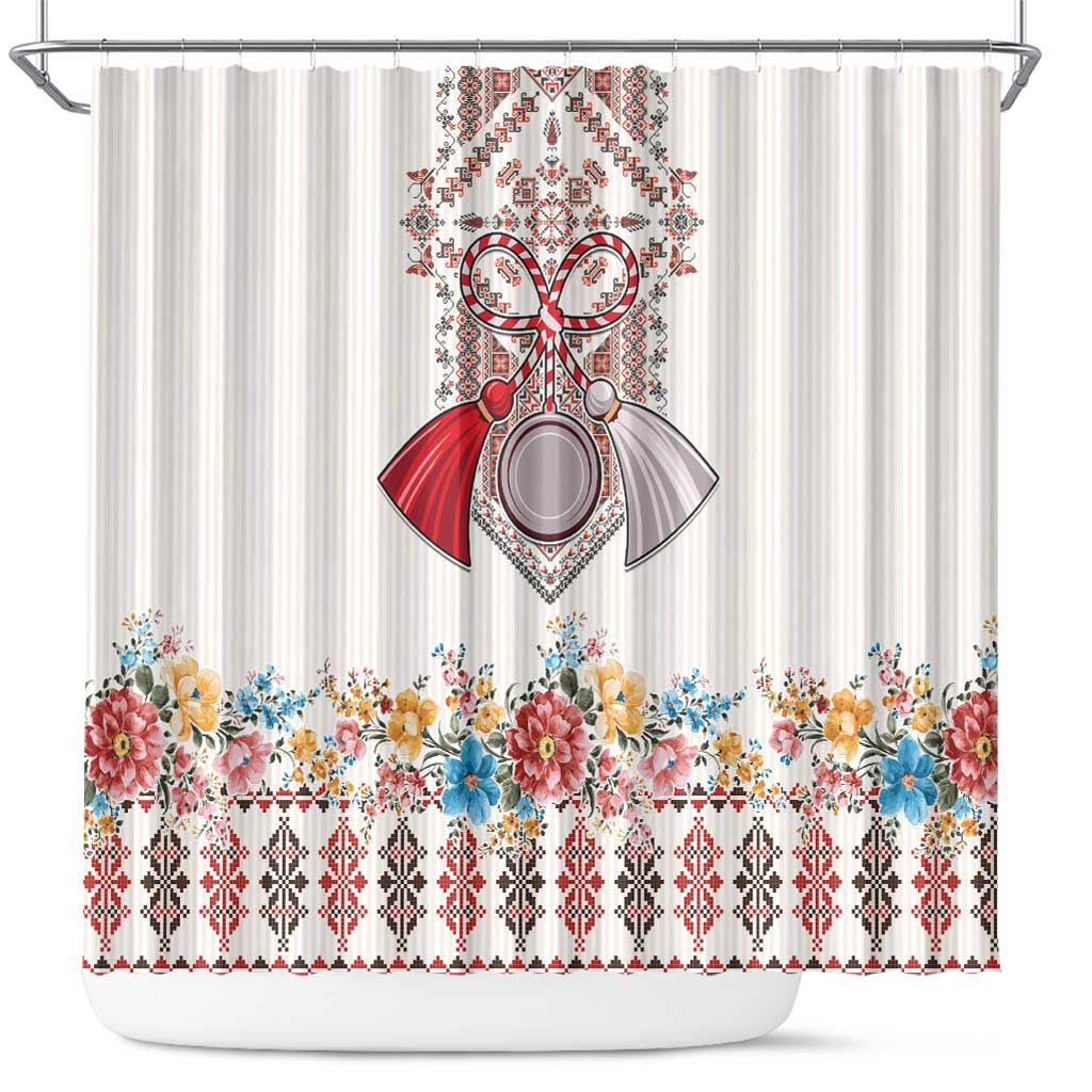 Romania Happy Martisor Day 1 March Shower Curtain Martenitsa and Peony Romanian Traditional Pattern