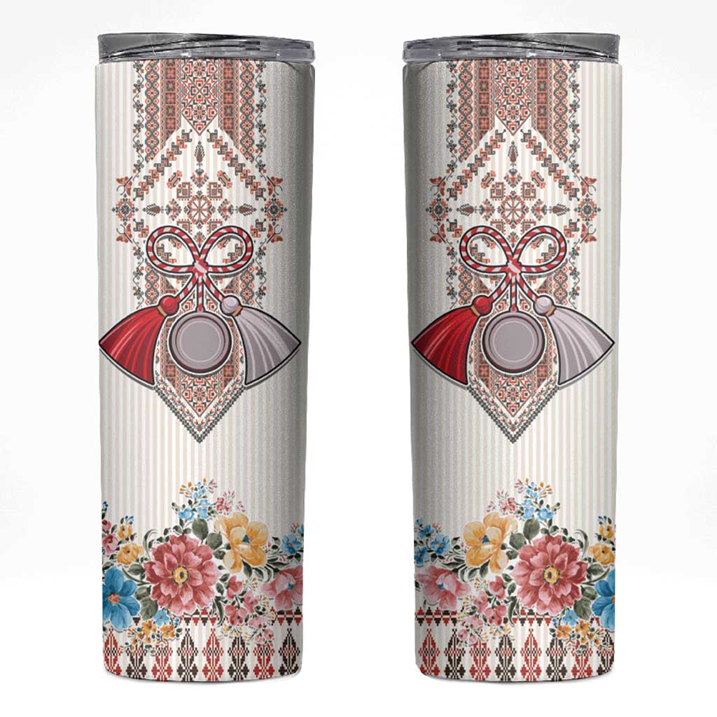 Romania Happy Martisor Day 1 March Skinny Tumbler Romanian Traditional Pattern with Martenitsa and Peony