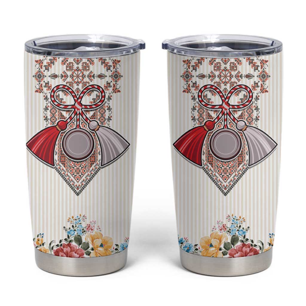 Romania Happy Martisor Day 1 March Tumbler Cup Romanian Traditional Pattern with Martenitsa and Peony