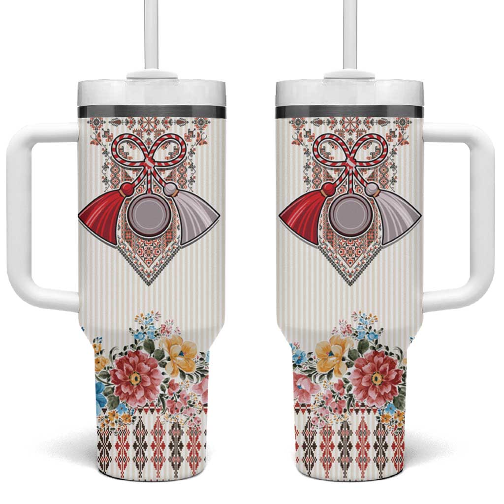 Romania Happy Martisor Day 1 March Tumbler With Handle Romanian Traditional Pattern with Martenitsa and Peony