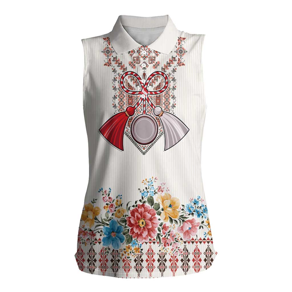 Romania Happy Martisor Day 1 March Women Sleeveless Polo Shirt Martenitsa and Peony Romanian Traditional Pattern