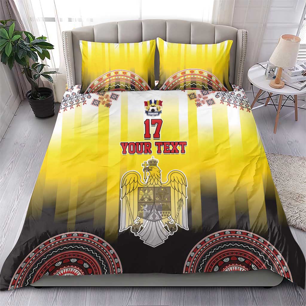 Yellow and black striped bedding set with eagle crest, floral panel, and round border