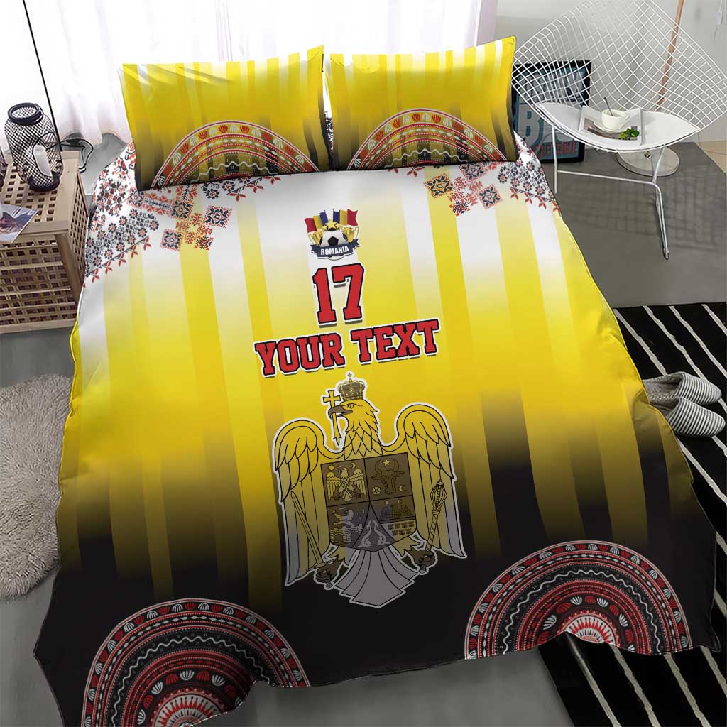 Yellow and black striped duvet and pillow set with eagle crest, 'YOUR TEXT', and patterned hem