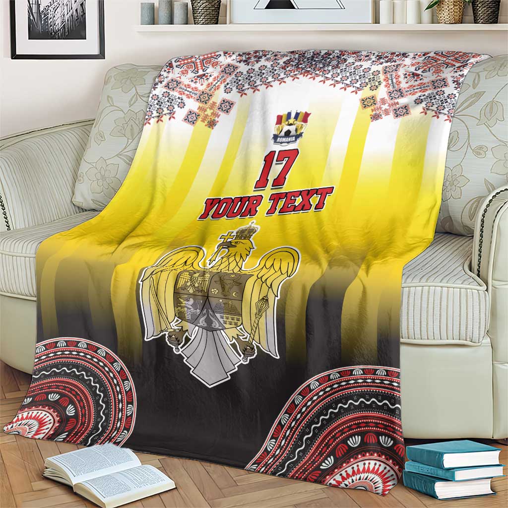 Custom Romania football blanket on armchair, yellow-and-black crest design with red trim