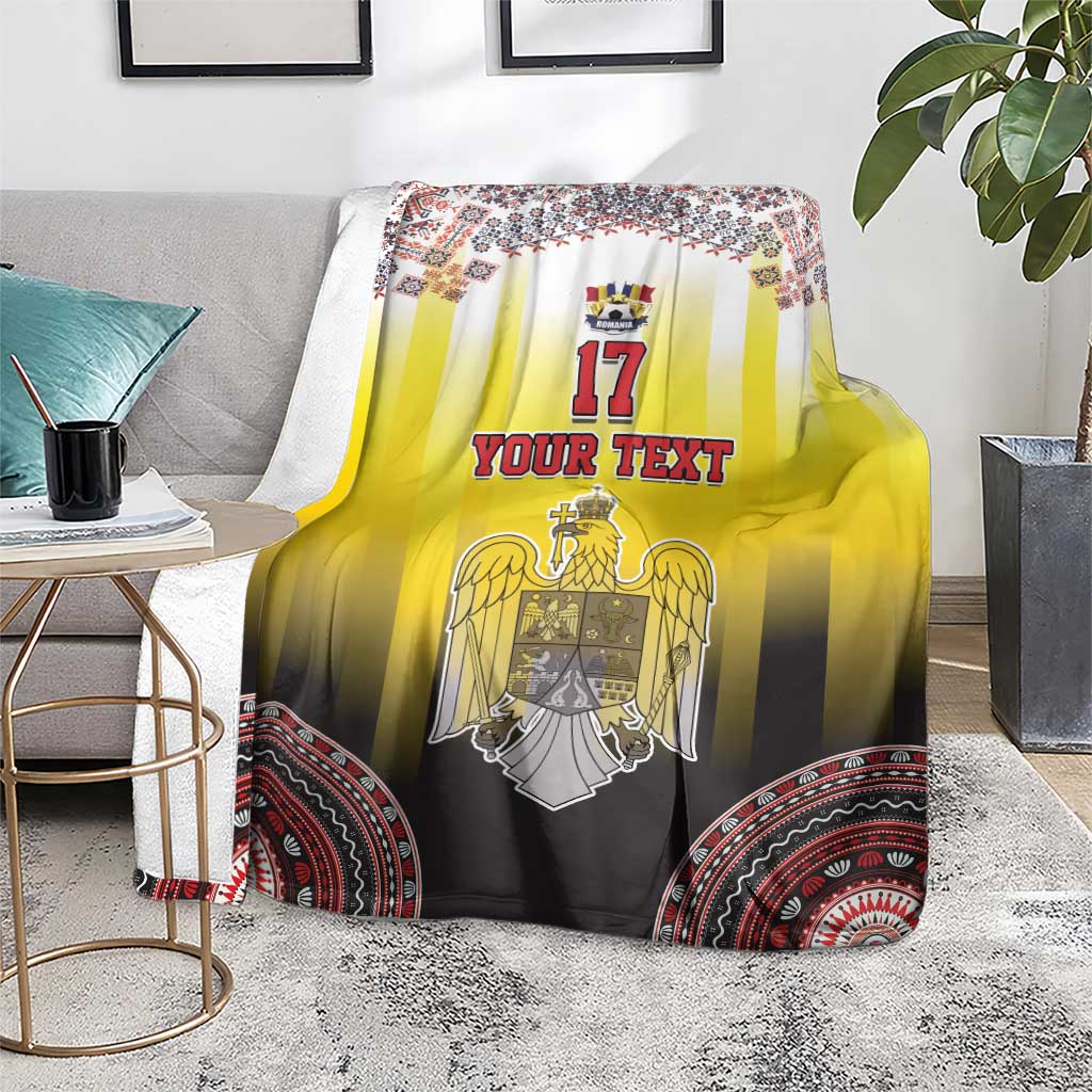 Custom Romania football blanket with yellow center stripes, crest, and red circular hem