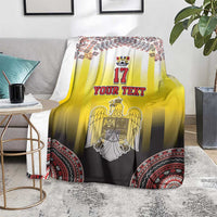 Custom Romania football blanket with yellow center stripes, crest, and red circular hem