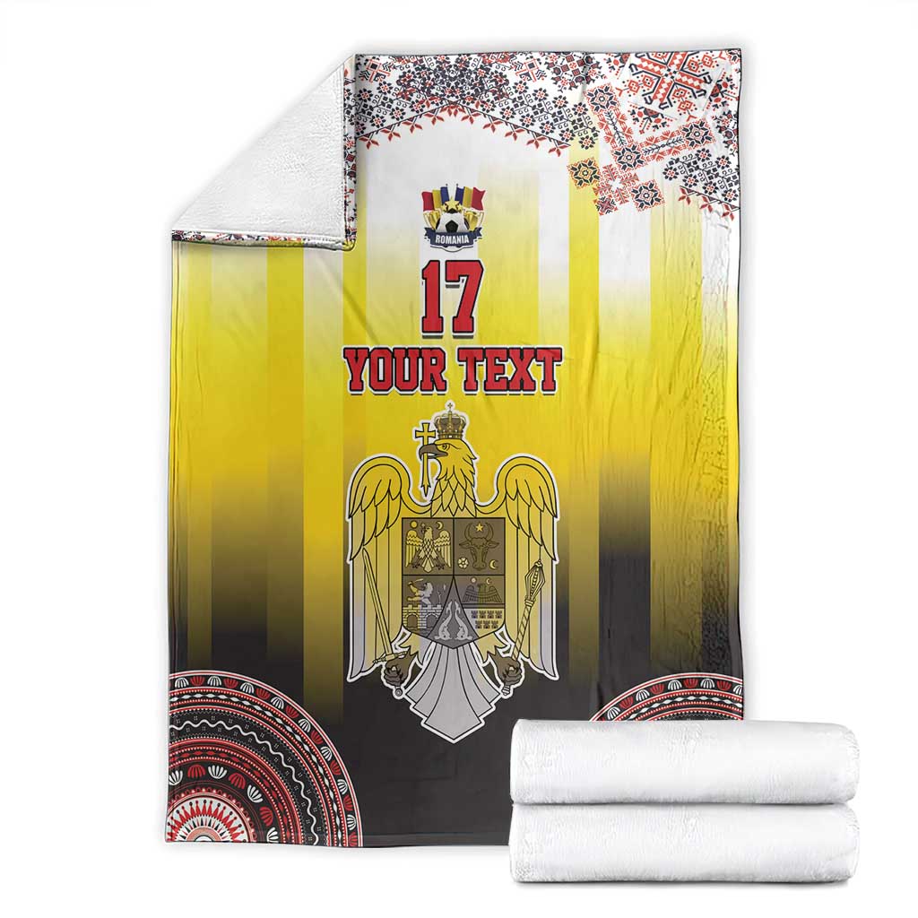 Custom Romania football blanket, yellow-to-black gradient with crest, 'YOUR TEXT', red border