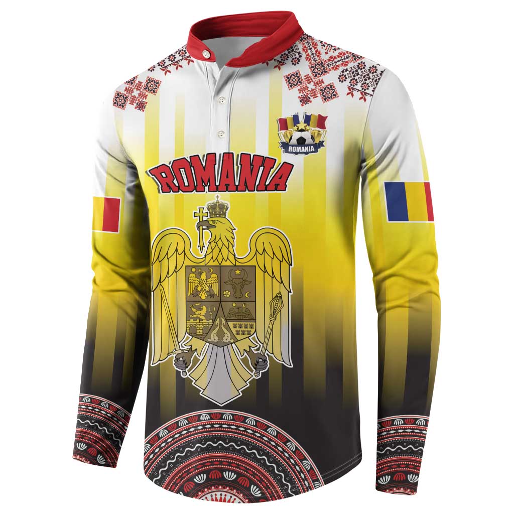 Men's yellow Romania graphic button sweatshirt with red collar and Romanian flag sleeve accents