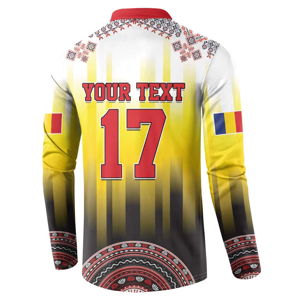 Men's yellow button sweatshirt with red collar, back print 'YOUR TEXT' and number 17