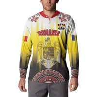 Men's yellow Romania crest button sweatshirt with red collar and patterned folk cuffs