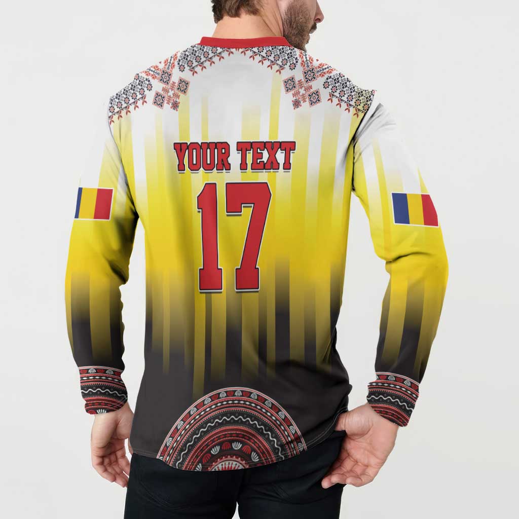 Men's yellow button sweatshirt with red collar, back print 'YOUR TEXT' 17, and folk trim