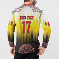 Men's yellow button sweatshirt with red collar, back print 'YOUR TEXT' 17, and folk trim