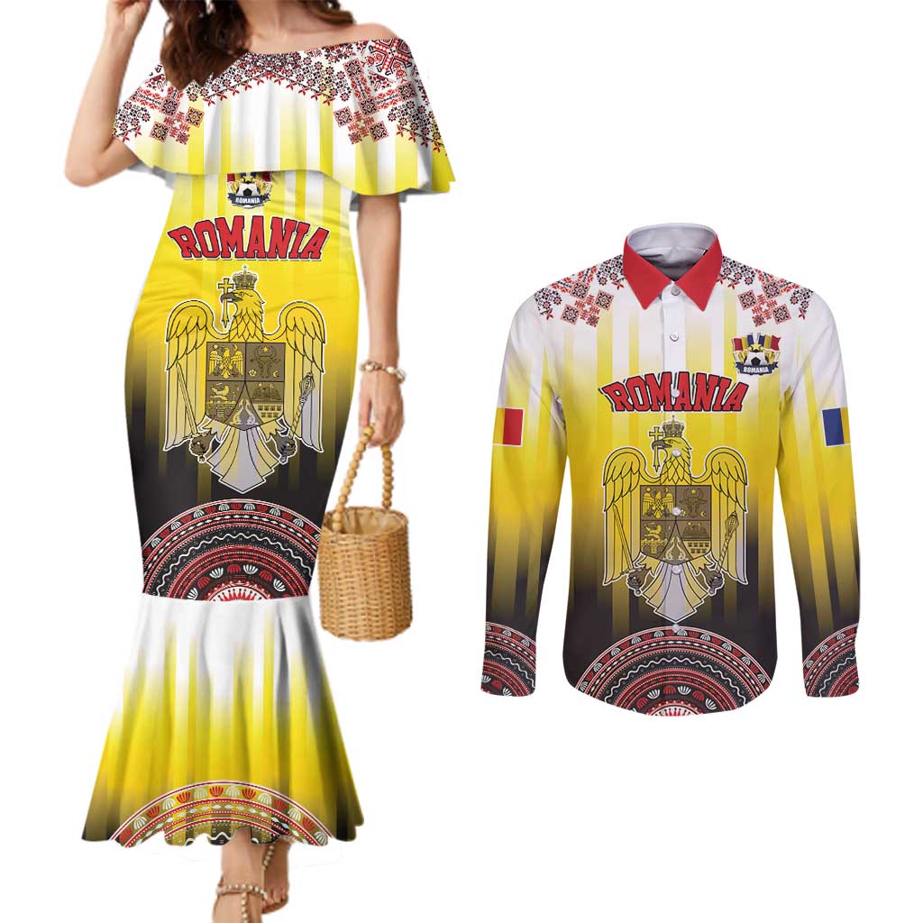 Custom Romania Football Go Champions Couples Matching Mermaid Dress and Long Sleeve Button Shirt Romanian Traditional Patern