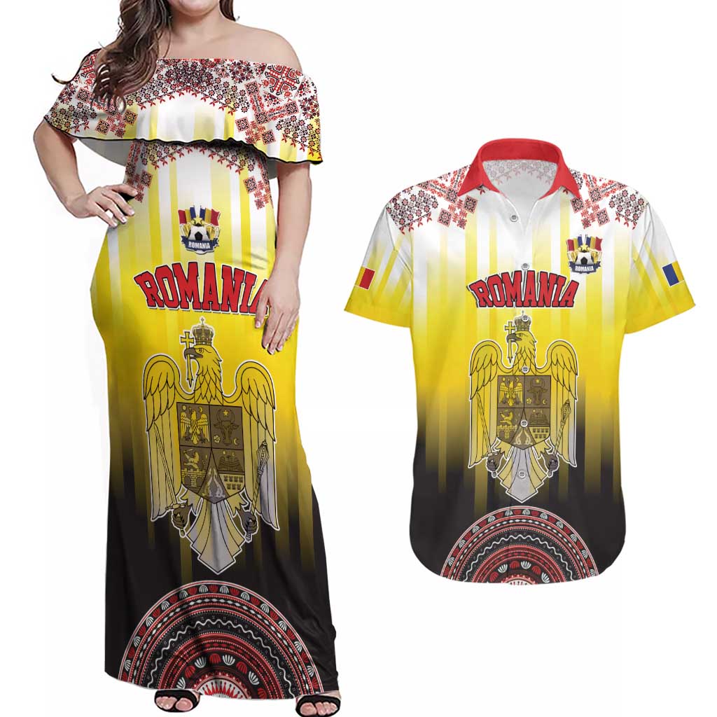 Custom Romania Football Go Champions Couples Matching Off Shoulder Maxi Dress and Hawaiian Shirt Romanian Traditional Patern