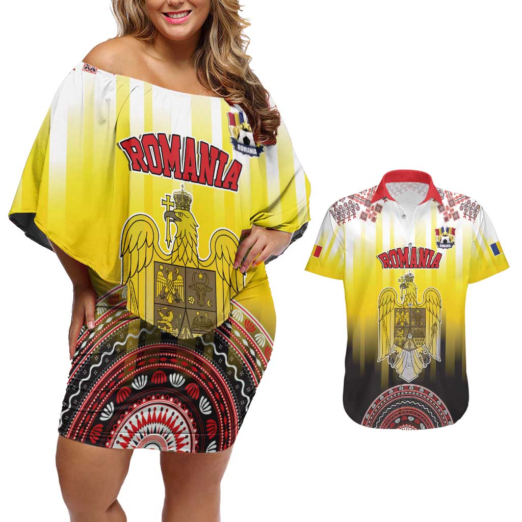 Custom Romania Football Go Champions Couples Matching Off Shoulder Short Dress and Hawaiian Shirt Romanian Traditional Patern