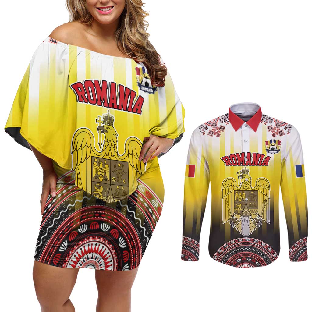 Custom Romania Football Go Champions Couples Matching Off Shoulder Short Dress and Long Sleeve Button Shirt Romanian Traditional Patern